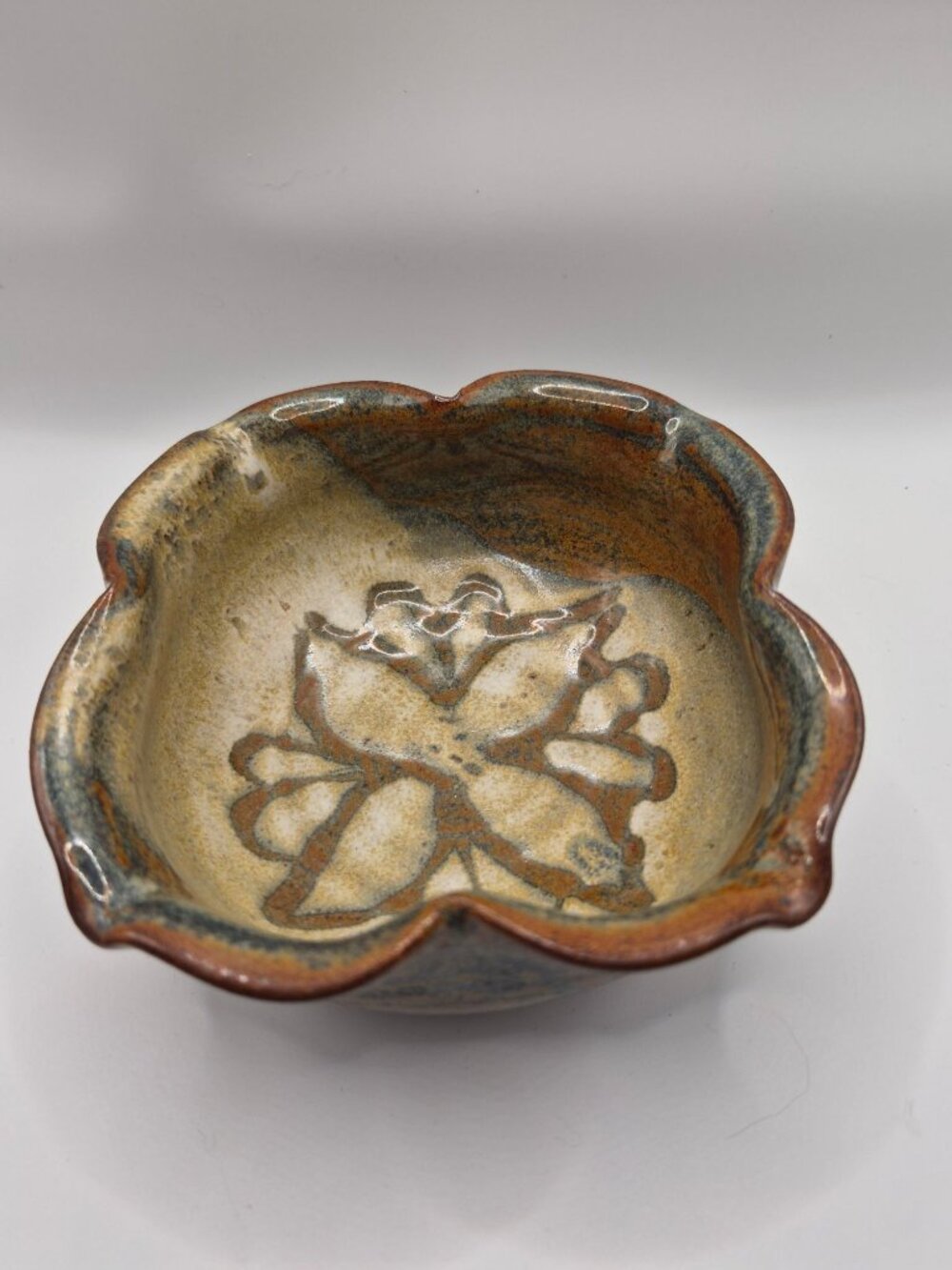 Handcrafted Ceramic Bowl With Floral Design & Scalloped Rim Signed Blaisdell